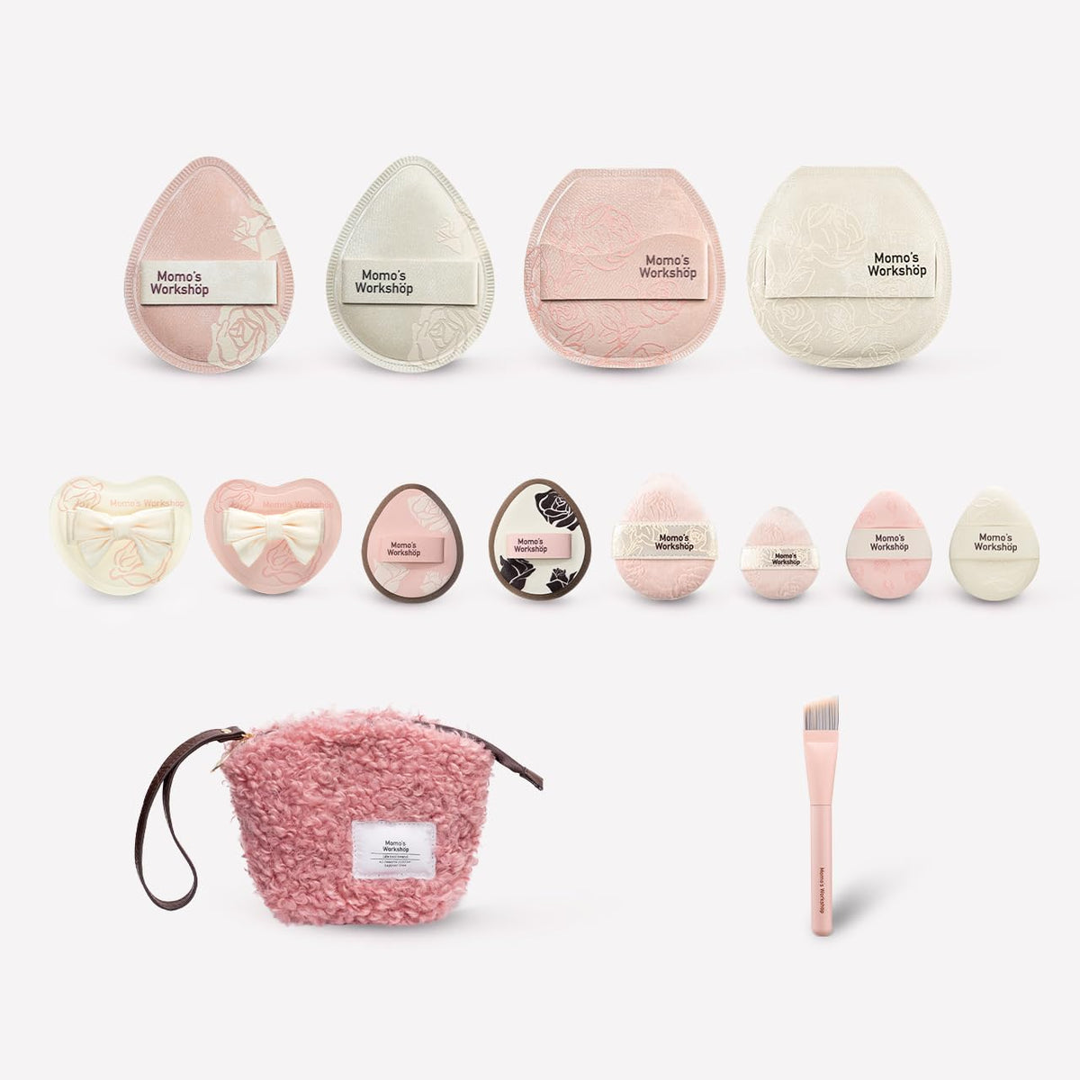 Momo's Workshop Rose Series Makeup Sponge & Brush Set, 13-Piece Beauty Puffs Kit with Beauty Pouch, High-Density Rubycell & Velour Puffs for Foundation, Concealer, Powder