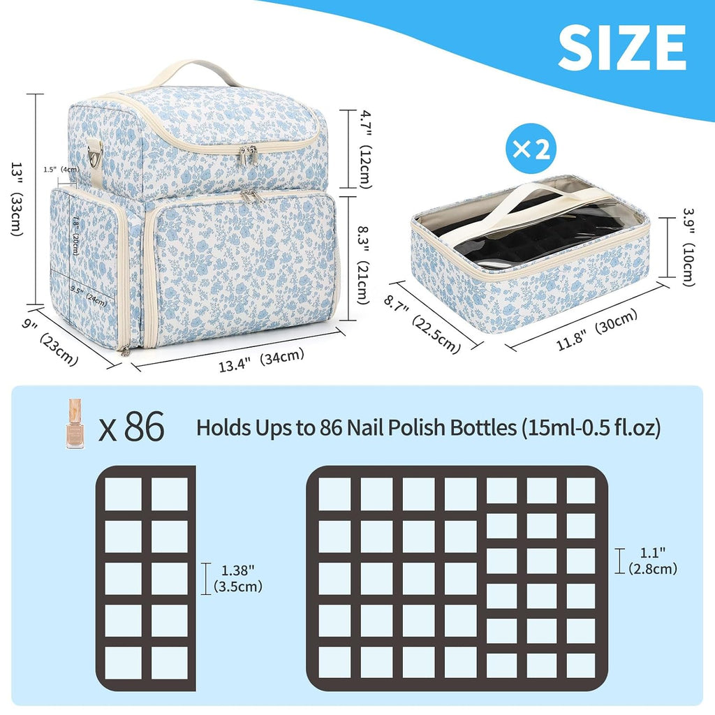 CUBETASTIC Extra Large Nail Polish Organizer Case Holds 86 to 100+ Bottles Nail Polish & Nail Lamp, Nail Supplies Storage Carrying Bag with 2 Removable Pouches (Blue Floral, 86 Slots)