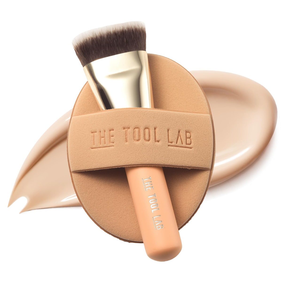 THE TOOL LAB Aqua Fitting Duo, Makeup Set with Flat Foundation Brush and Liquid Foundation Puff, Portable Case with 1.1" Flat Brush, Korean Makeup