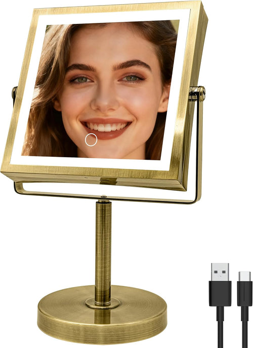 1X/10X Makeup Mirror with Lights, Double Sided, Antique Brass