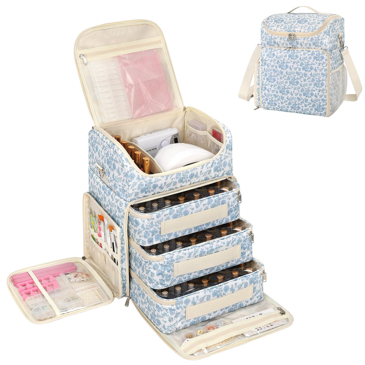 CUBETASTIC Extra Large Nail Polish Organizer Case Holds 86 to 100+ Bottles Nail Polish & Nail Lamp, Nail Supplies Storage Carrying Bag with 2 Removable Pouches (Blue Floral, 86 Slots)