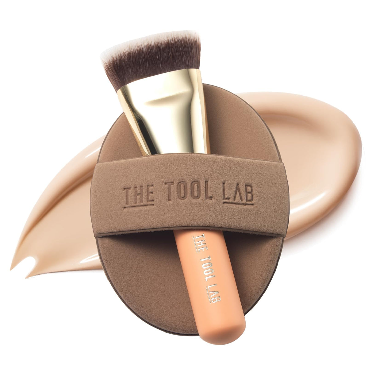 THE TOOL LAB Aqua Fitting Duo, Makeup Set with Flat Foundation Brush and Liquid Foundation Puff, Portable Case with 1.1" Flat Brush, Korean Makeup