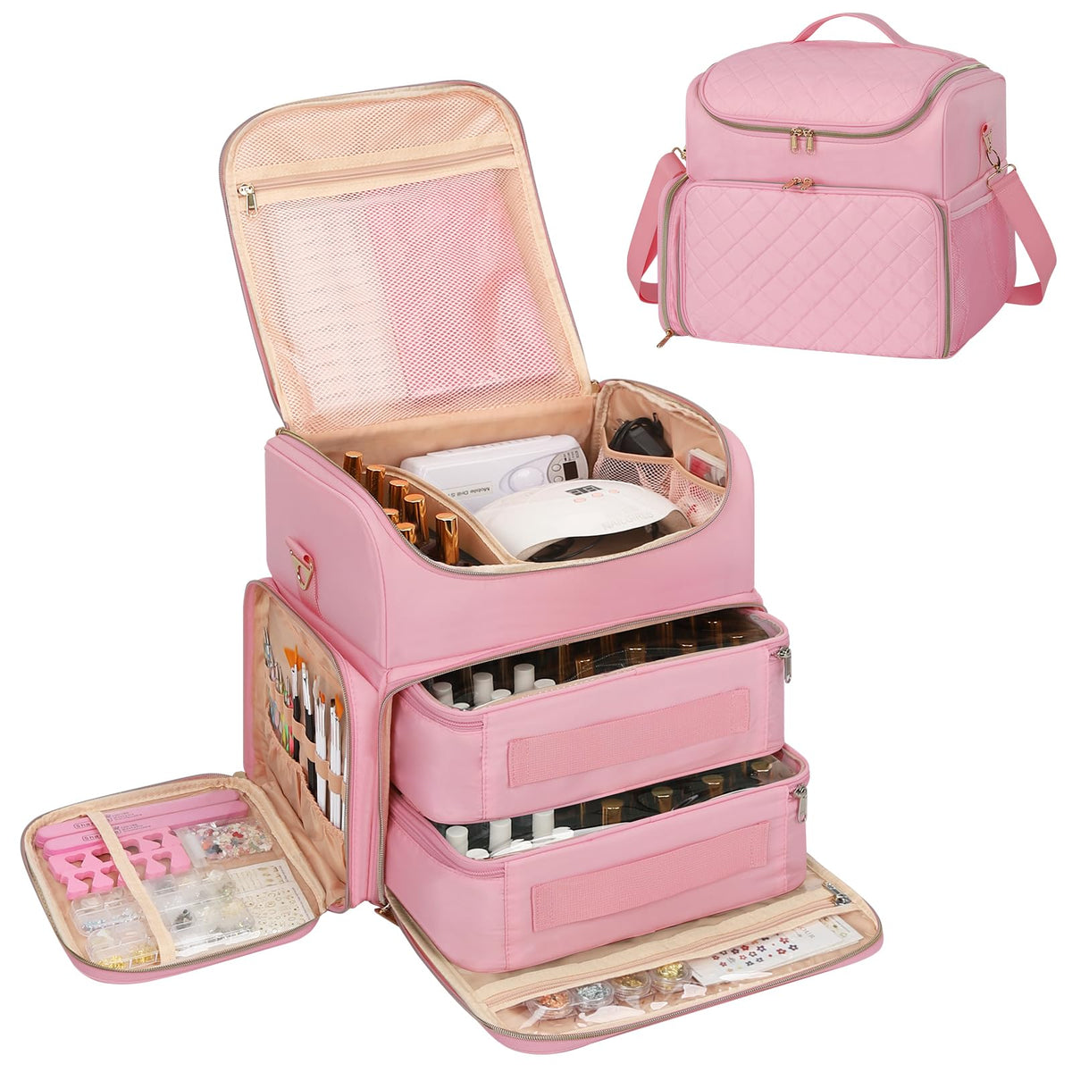 CUBETASTIC Extra Large Nail Polish Organizer Case Holds 86 to 100+ Bottles Nail Polish & Nail Lamp, Nail Supplies Storage Carrying Bag with 2 Removable Pouches (Blue Floral, 86 Slots)