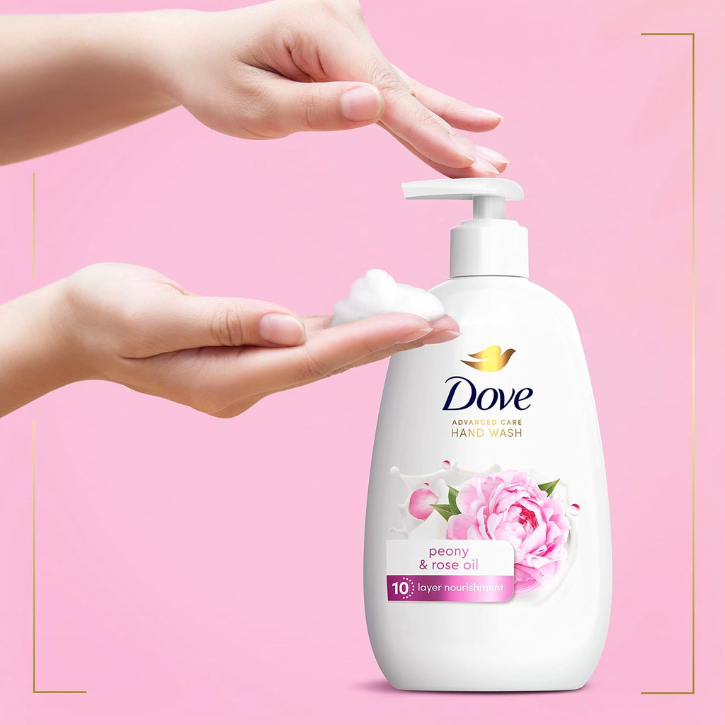 Dove Advanced Care Hand Wash Peony & Rose Oil 4 Count for Soft, Smooth Skin, More Moisturizers Than The Leading Ordinary Hand Soap, 12 oz