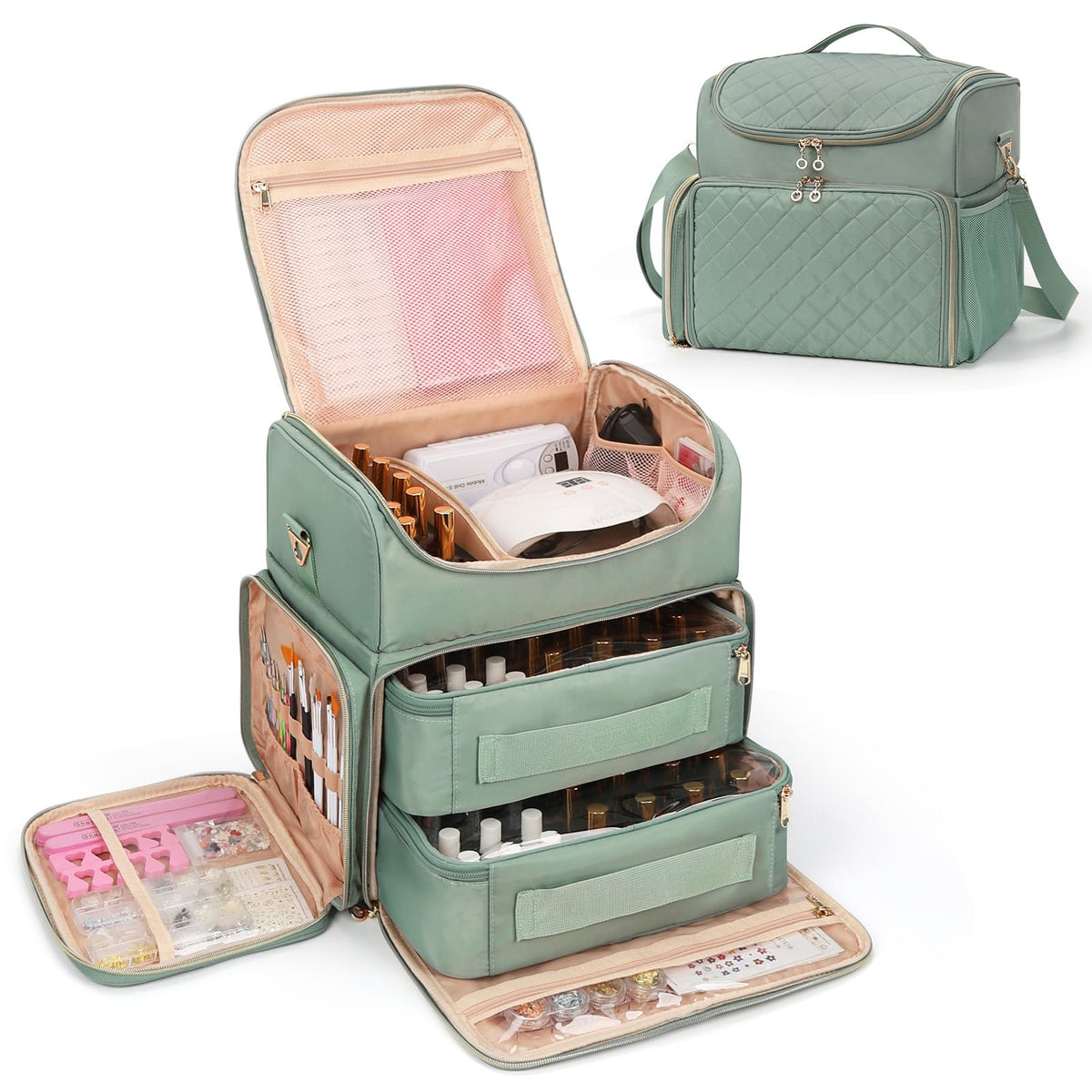 CUBETASTIC Extra Large Nail Polish Organizer Case Holds 86 to 100+ Bottles Nail Polish & Nail Lamp, Nail Supplies Storage Carrying Bag with 2 Removable Pouches (Blue Floral, 86 Slots)