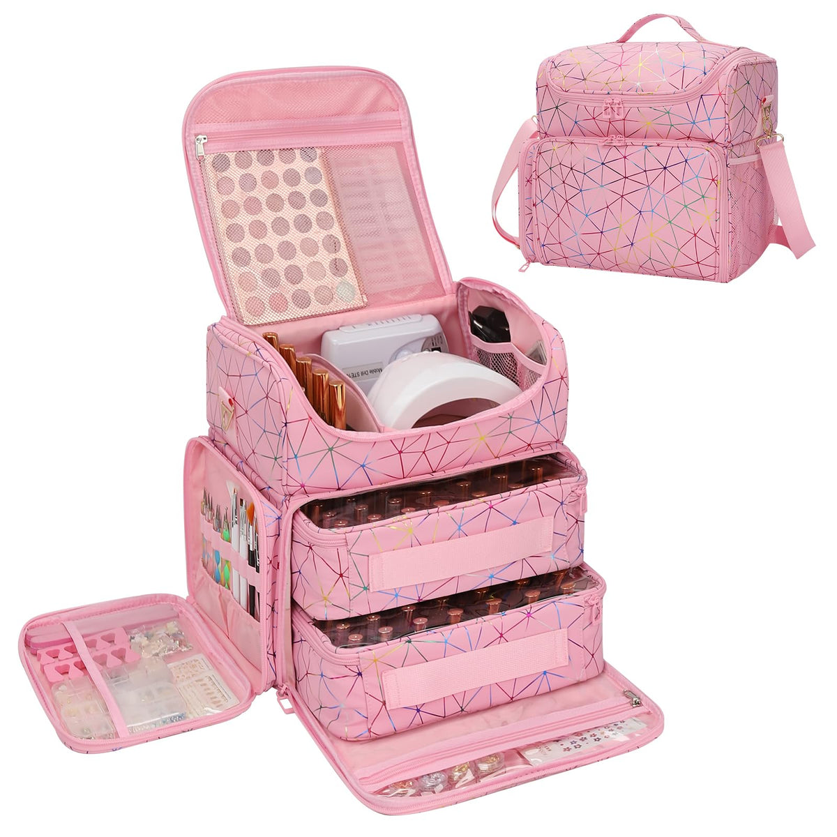 CUBETASTIC Extra Large Nail Polish Organizer Case Holds 86 to 100+ Bottles Nail Polish & Nail Lamp, Nail Supplies Storage Carrying Bag with 2 Removable Pouches (Blue Floral, 86 Slots)