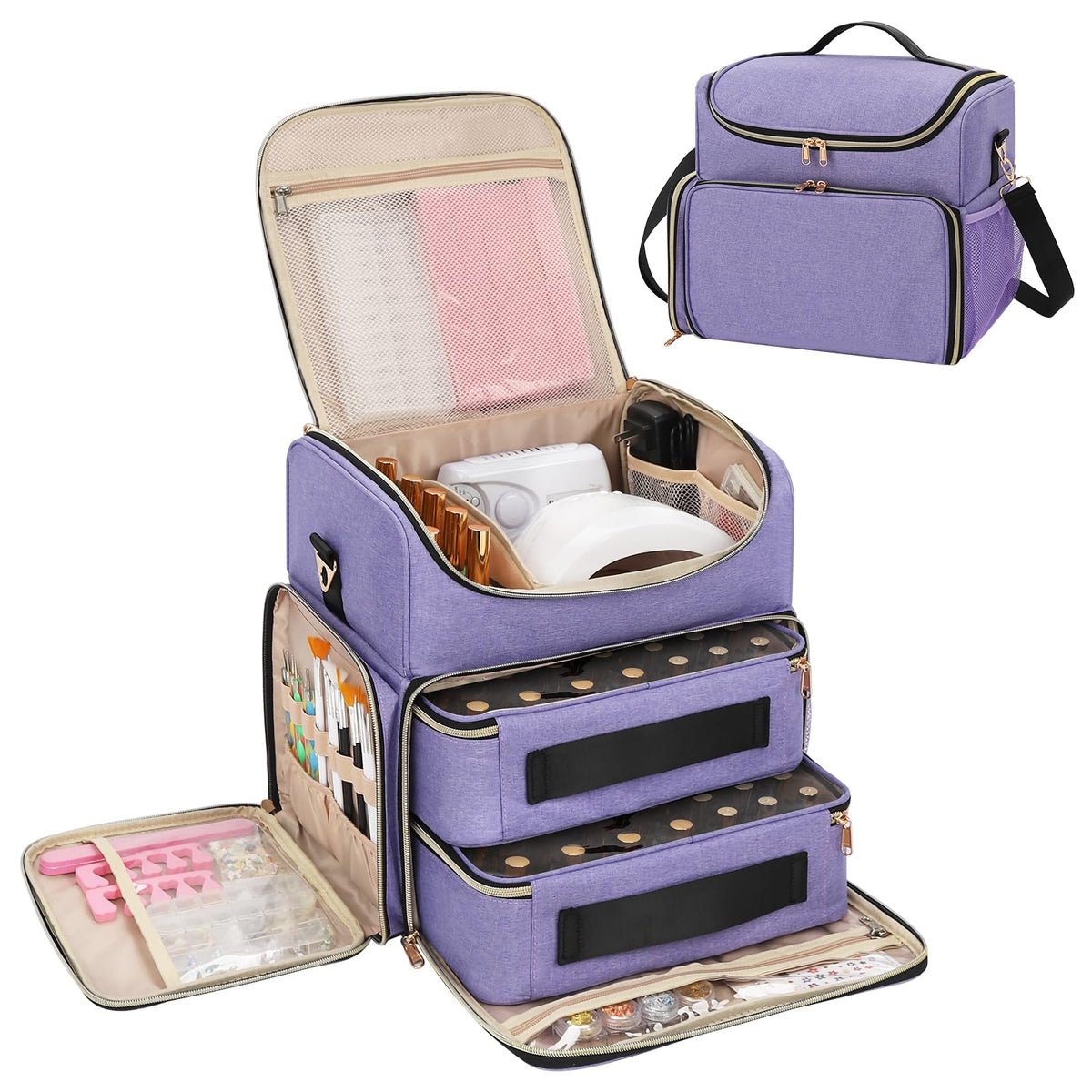 CUBETASTIC Extra Large Nail Polish Organizer Case Holds 86 to 100+ Bottles Nail Polish & Nail Lamp, Nail Supplies Storage Carrying Bag with 2 Removable Pouches (Blue Floral, 86 Slots)