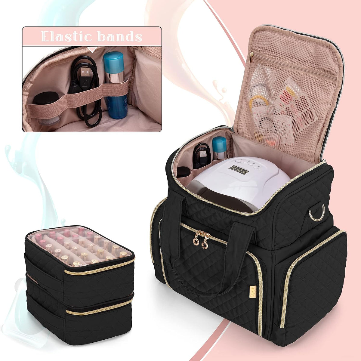 LUXJA Nail Polish Organizer Holds 48 Bottles and a UV Lamp, Black