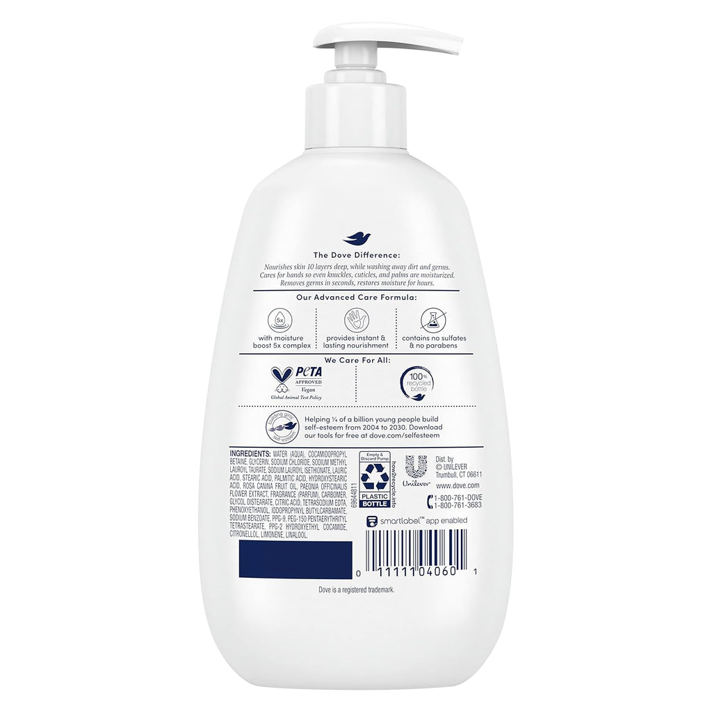 Dove Advanced Care Hand Wash Peony & Rose Oil 4 Count for Soft, Smooth Skin, More Moisturizers Than The Leading Ordinary Hand Soap, 12 oz