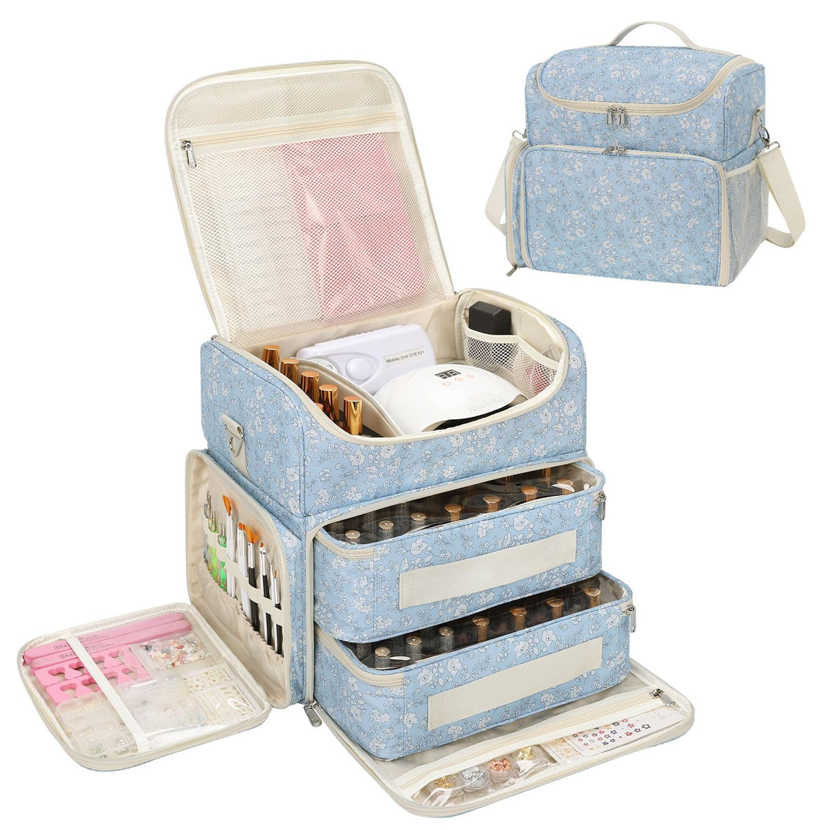 CUBETASTIC Extra Large Nail Polish Organizer Case Holds 86 to 100+ Bottles Nail Polish & Nail Lamp, Nail Supplies Storage Carrying Bag with 2 Removable Pouches (Blue Floral, 86 Slots)