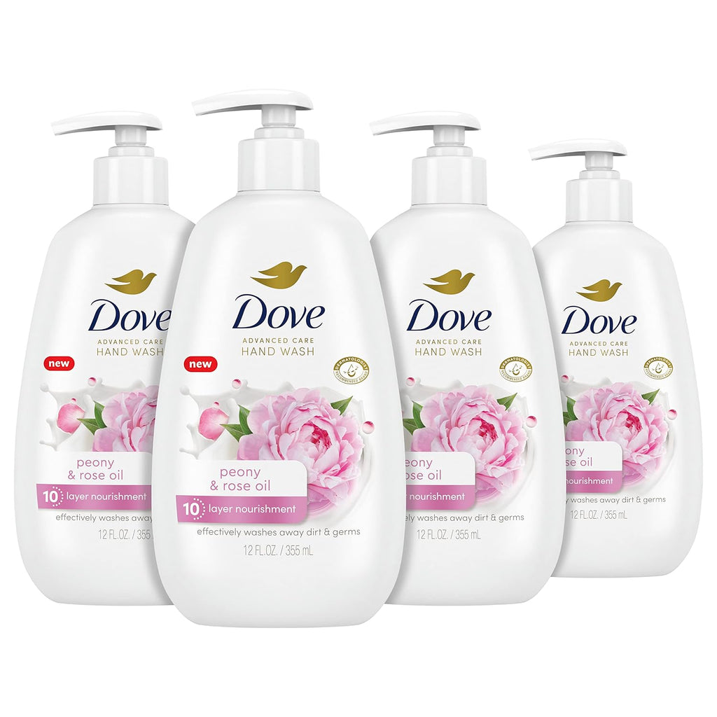 Dove Advanced Care Hand Wash Peony & Rose Oil 4 Count for Soft, Smooth Skin, More Moisturizers Than The Leading Ordinary Hand Soap, 12 oz