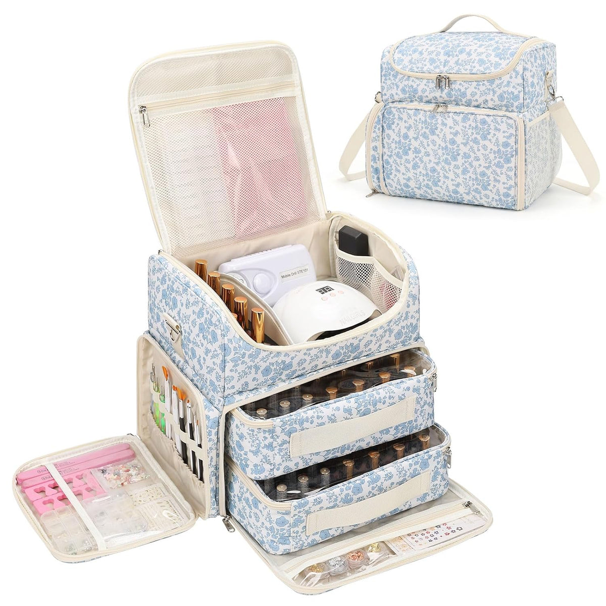 CUBETASTIC Extra Large Nail Polish Organizer Case Holds 86 to 100+ Bottles Nail Polish & Nail Lamp, Nail Supplies Storage Carrying Bag with 2 Removable Pouches (Blue Floral, 86 Slots)