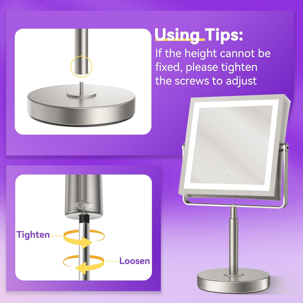 1X/10X Makeup Mirror with Lights, Double Sided, Brushed Nickel