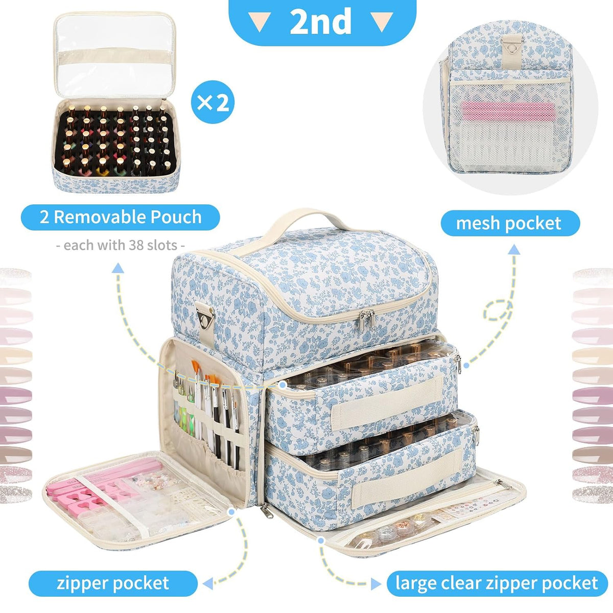 CUBETASTIC Extra Large Nail Polish Organizer Case Holds 86 to 100+ Bottles Nail Polish & Nail Lamp, Nail Supplies Storage Carrying Bag with 2 Removable Pouches (Blue Floral, 86 Slots)