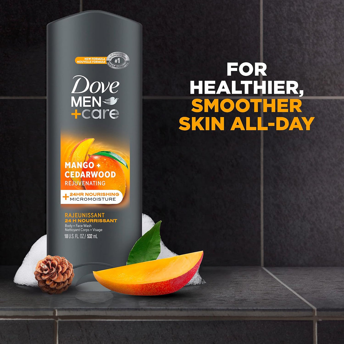 Dove Men+Care Body Wash Rejuvenating Mango + Cedarwood 4 Count for Men with 24-Hour Nourishing Micromoisture Technology 18 oz