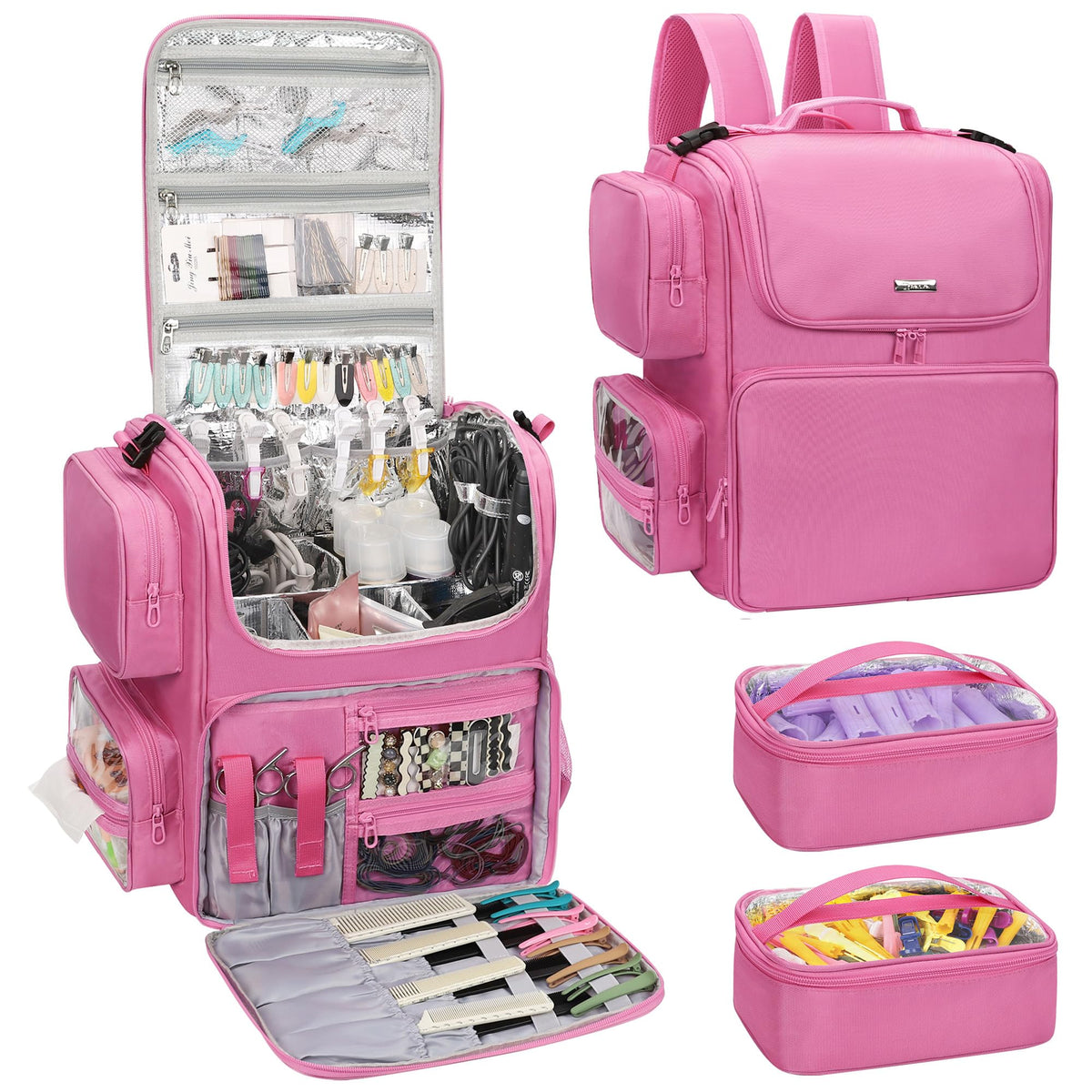 Relavel Hair Tools Travel Bag with Clear Makeup Bag, Hair Stylist BarberBag on Wheels Hairdresser Cosmetology Bag Case with Four 360 Degree Spinner Wheels, Heat Insulation Full Layer for Curling Iron