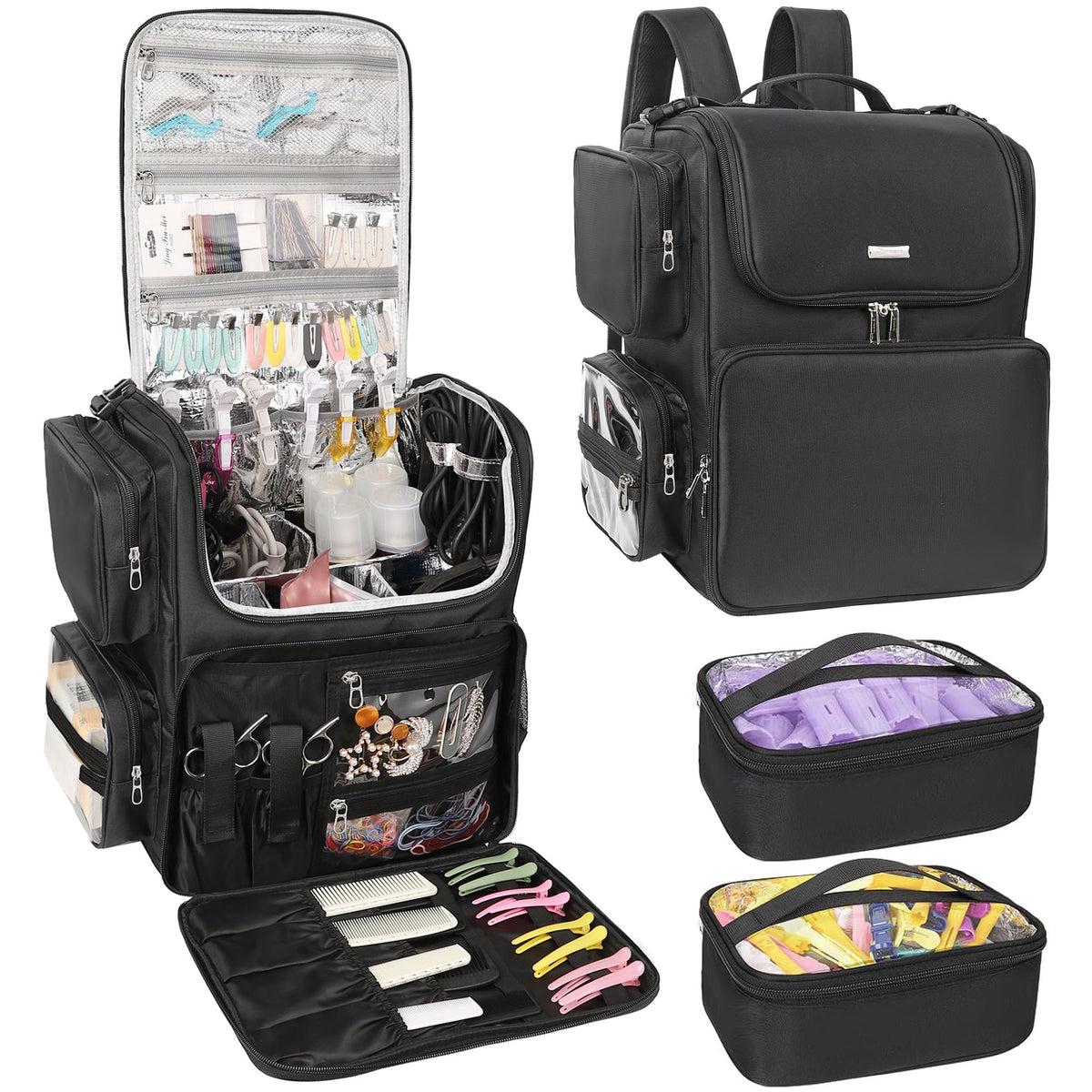 Relavel Hair Tools Travel Bag with Clear Makeup Bag, Hair Stylist BarberBag on Wheels Hairdresser Cosmetology Bag Case with Four 360 Degree Spinner Wheels, Heat Insulation Full Layer for Curling Iron