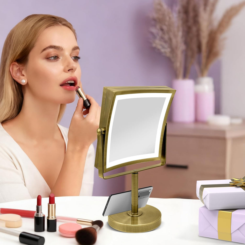 1X/10X Makeup Mirror with Lights, Double Sided, Antique Brass