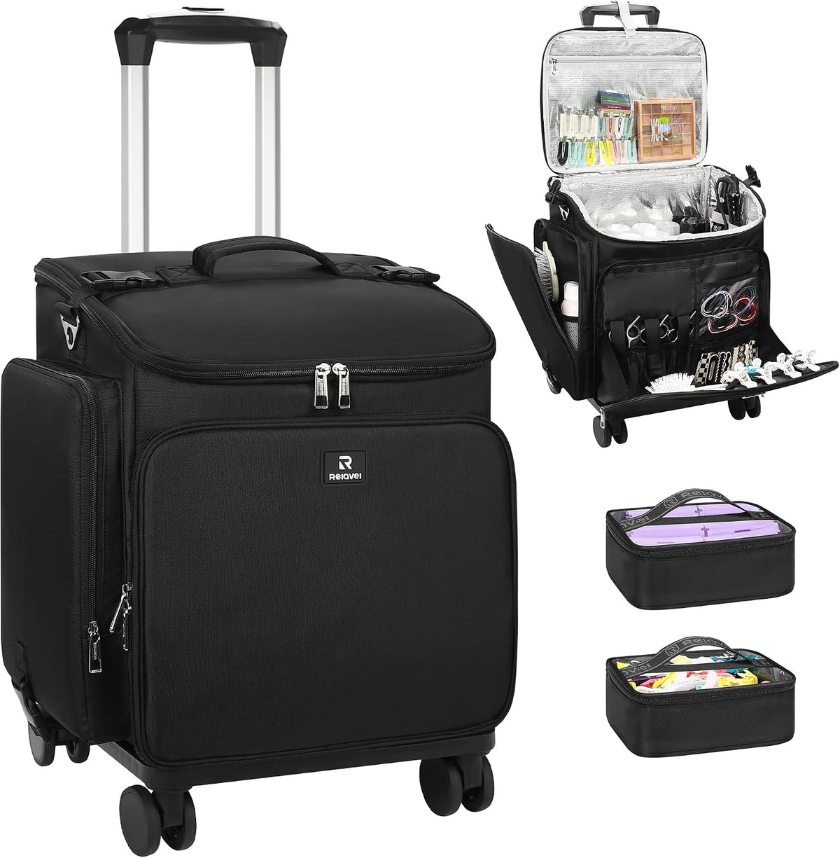 Relavel Rolling Makeup Case, Hair Tools Travel Bag Cosmetology Case on Wheels with 2 Clear Bags, Professional Hairstylist Bag Makeup Artist Storage Train Case Barber Organizer with 360° Spinner Wheels