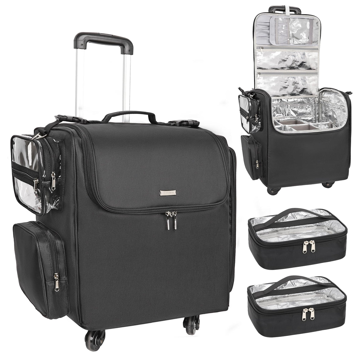 Relavel Hair Tools Travel Bag with Clear Makeup Bag, Hair Stylist BarberBag on Wheels Hairdresser Cosmetology Bag Case with Four 360 Degree Spinner Wheels, Heat Insulation Full Layer for Curling Iron